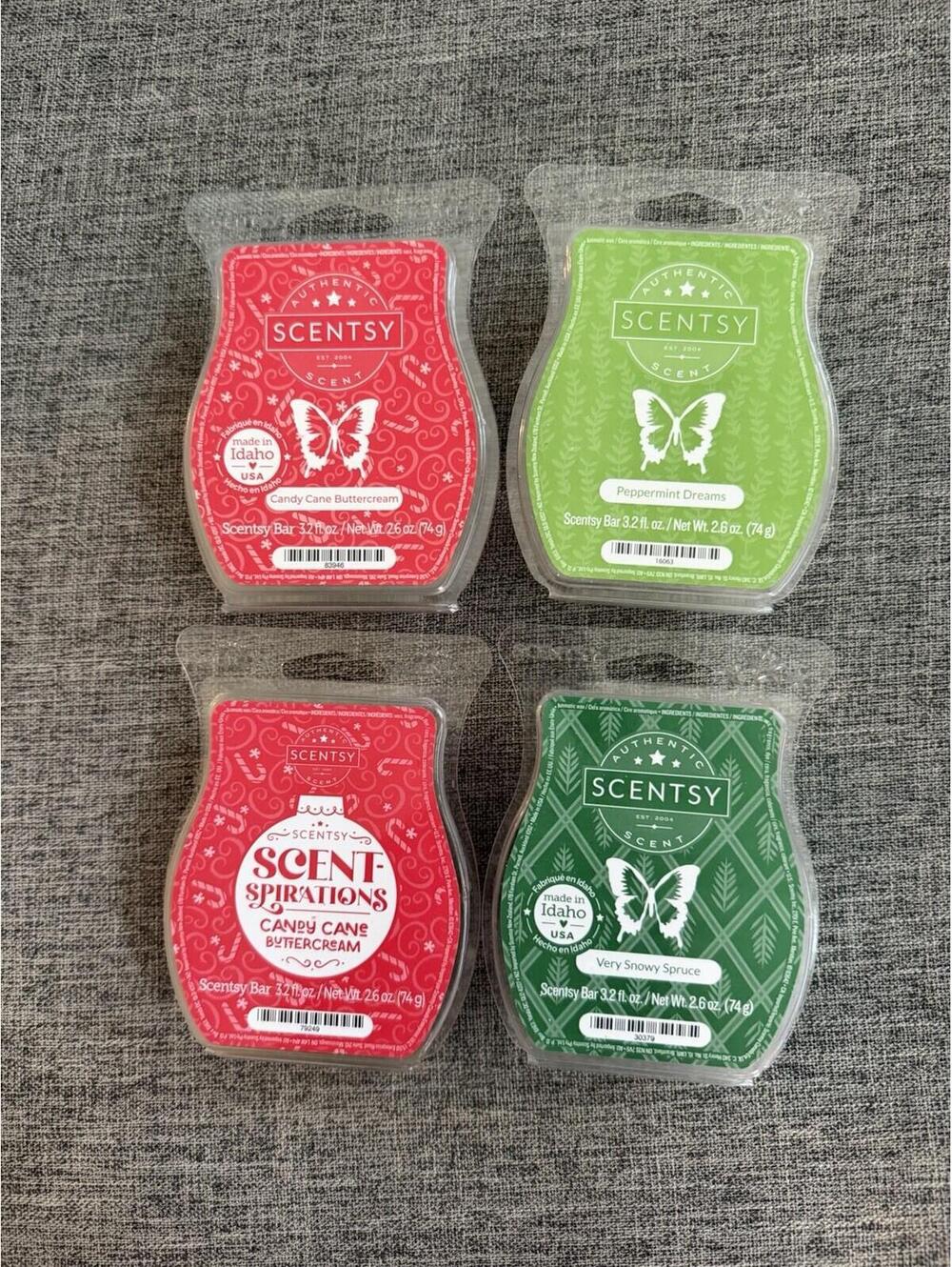 Lot Of 4 Scentsy Wax Bars Candy Cane Buttercream Peppermint Dreams Snowy Spruce - Picture 1 of 2